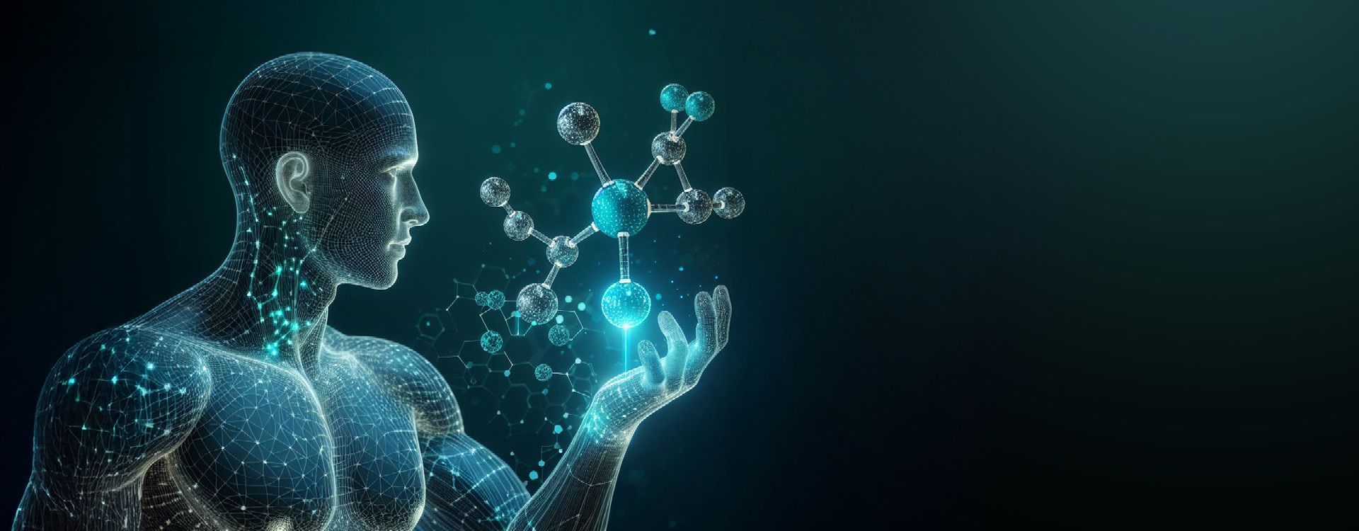 novartis-klinische-forschung-gut-informiert-gesundheitswissen-internationaler-tag-der-klinischen-studien Digitale Darstellung eines menschlichen Körpers mit blau leuchtendem Molekülmodell in der Hand vor dunklem Hintergrund.