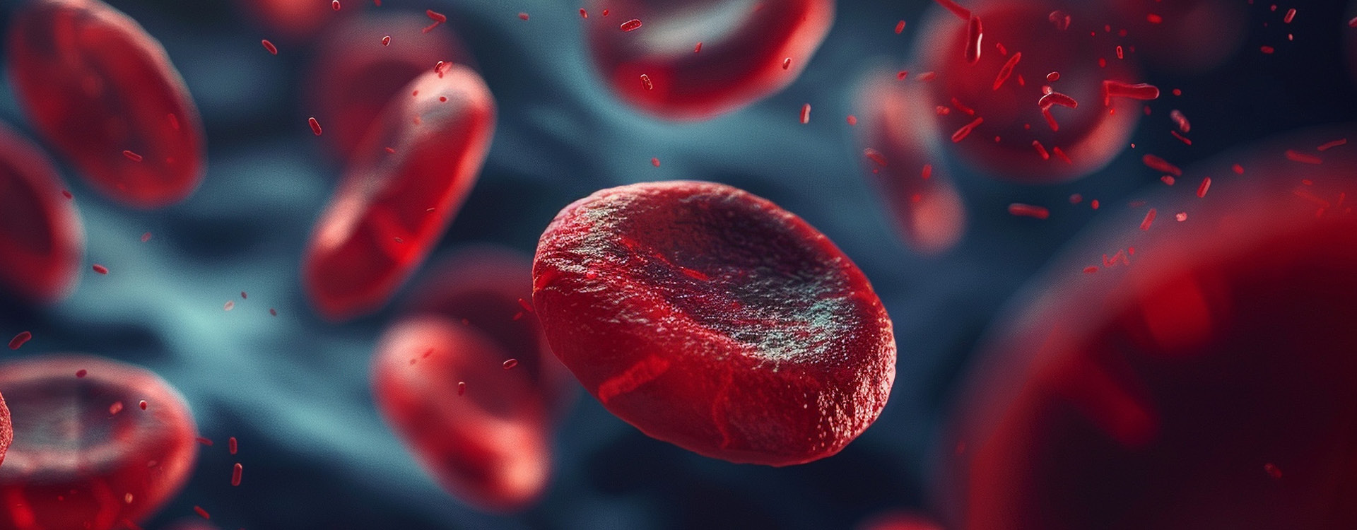 novartis-klinische-forschung-gut-informiert-gesundheitswissen-sichelzellkrankheit Digitale Darstellung von roten Blutplättchen vor dunklem Hintergrund.