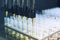 Pipettieranlage analysiert Flüssigkeiten in einer Reihe von Probenröhrchen.