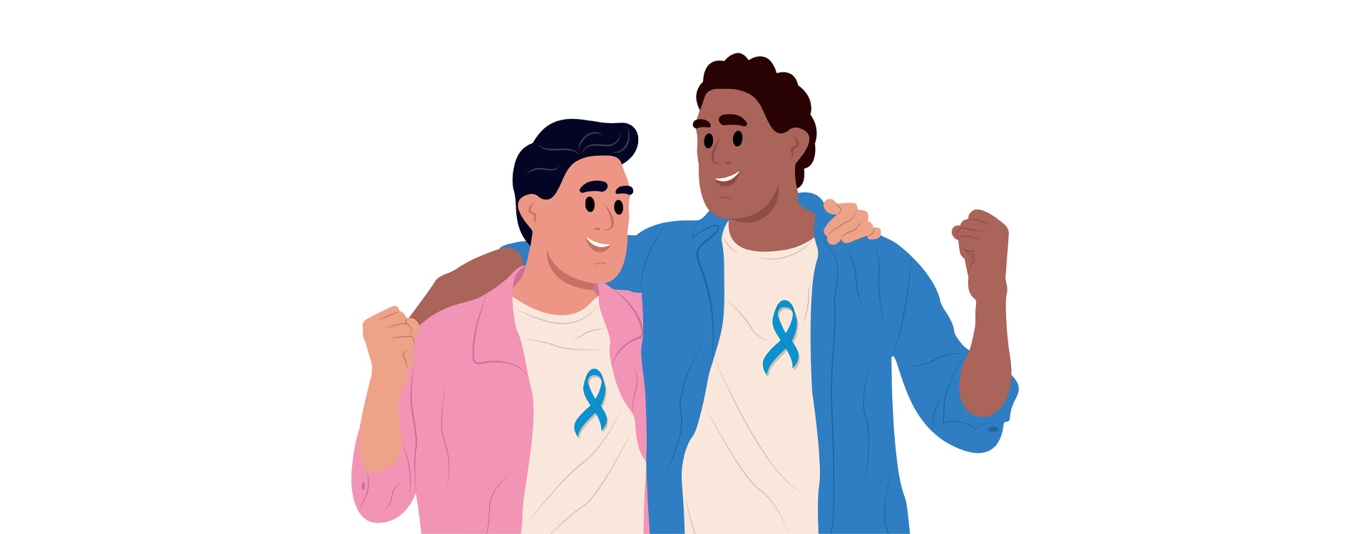 Illustration von zwei Männern mit einer blauen Cancer Awareness Schleife an der Brust, die eine Siegesgeste machen.